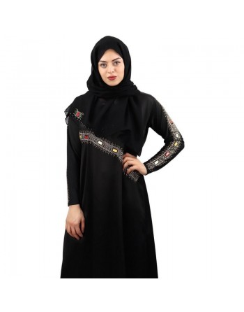 Abaya femme avec son châle assorti (voile/hijab) - Robe emirati (Dubai) avec décoration en strass et pierres rectangulaires c...