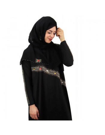 Abaya femme avec son châle assorti (voile/hijab) - Robe emirati (Dubai) avec décoration en strass et pierres rectangulaires c...