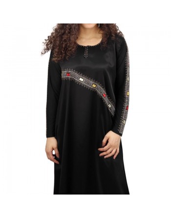 Abaya chic et moderne pour femme à strass et rubis multi-couleurs avec son foulard (écharpe assortie) 