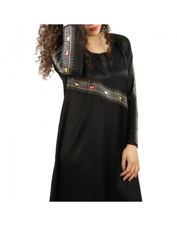 Abaya chic et moderne pour femme à strass et rubis multi-couleurs avec son foulard (écharpe assortie) 