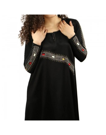Abaya chic et moderne pour femme à strass et rubis multi-couleurs avec son foulard (écharpe assortie) 
