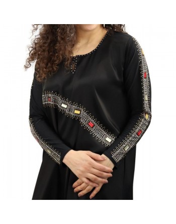 Abaya chic et moderne pour femme à strass et rubis multi-couleurs avec son foulard (écharpe assortie) 