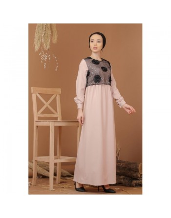 Robe maxi-longue et ample élégante bi-matière pour femme (Grande taille disponible) - Couleur rose clair 