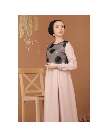 Robe maxi-longue et ample élégante bi-matière pour femme (Grande taille disponible) - Couleur rose clair 