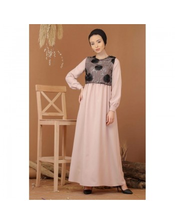 Robe maxi-longue et ample élégante bi-matière pour femme (Grande taille disponible) - Couleur rose clair 