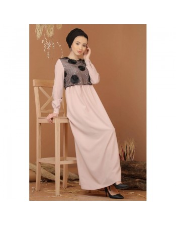 Robe maxi-longue et ample élégante bi-matière pour femme (Grande taille disponible) - Couleur rose clair 