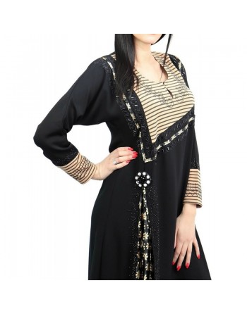 Robe moderne de " Dubaï " noire avec de motifs et de strass 
