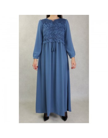 Robe longue à dentelles doublée pour femme - Couleur bleu acier 