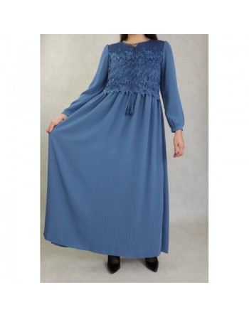 Robe longue à dentelles doublée pour femme - Couleur bleu acier 