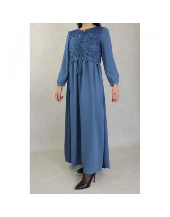 Robe longue à dentelles doublée pour femme - Couleur bleu acier 