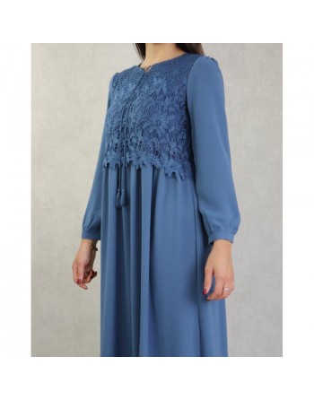 Robe longue à dentelles doublée pour femme - Couleur bleu acier 