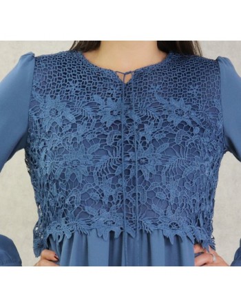 Robe longue à dentelles doublée pour femme - Couleur bleu acier 