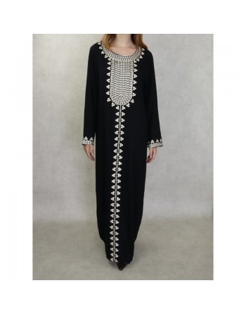 Robe longue pour femme avec broderies sur le devant et les manches - Couleur noir 