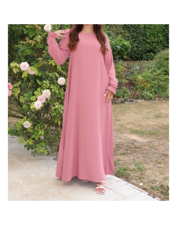 Robe Abaya longue et ample pour femme - Manches à froufrou - Couleur rose poudré 
