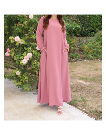 Robe Abaya longue et ample pour femme - Manches à froufrou - Couleur rose poudré 