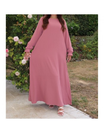 Robe Abaya longue et ample pour femme - Manches à froufrou - Couleur rose poudré 