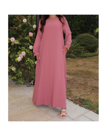 Robe Abaya longue et ample pour femme - Manches à froufrou - Couleur rose poudré 