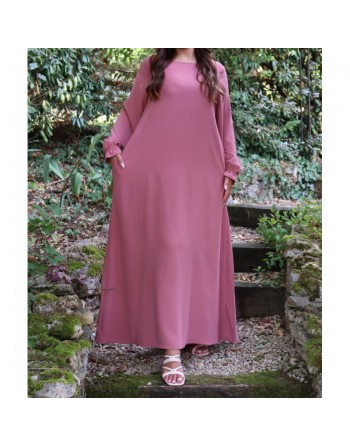 Robe Abaya longue et ample pour femme - Manches à froufrou - Couleur rose poudré 