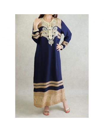 Robe orientale longue avec broderies et strass - Couleur Bleu marine 