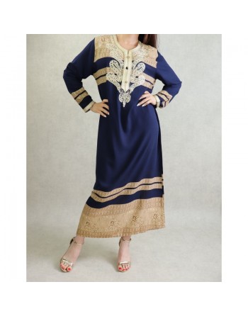 Robe orientale longue avec broderies et strass - Couleur Bleu marine 