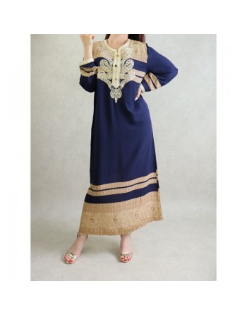 Robe orientale longue avec broderies et strass - Couleur Bleu marine 