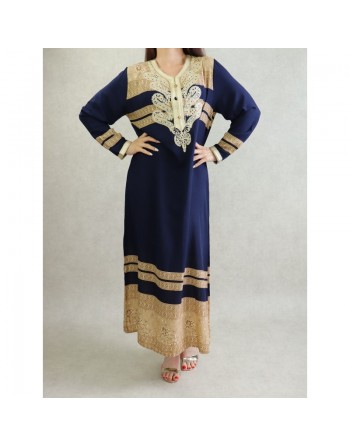 Robe orientale longue avec broderies et strass - Couleur Bleu marine 
