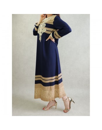 Robe orientale longue avec broderies et strass - Couleur Bleu marine 