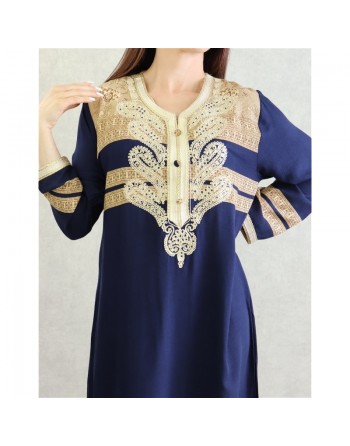 Robe orientale longue avec broderies et strass - Couleur Bleu marine 