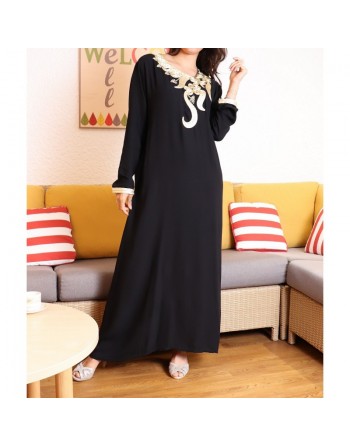 Robe longue orientale pour femme avec brodée et décorée de strass - Couleur noir 