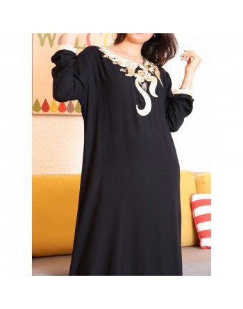 Robe longue orientale pour femme avec brodée et décorée de strass - Couleur noir 