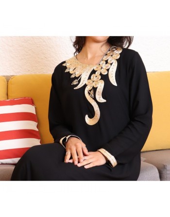Robe longue orientale pour femme avec brodée et décorée de strass - Couleur noir 