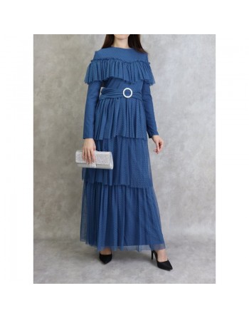 Robe de soirée en tulle chic à volants - Couleur Bleu acier 