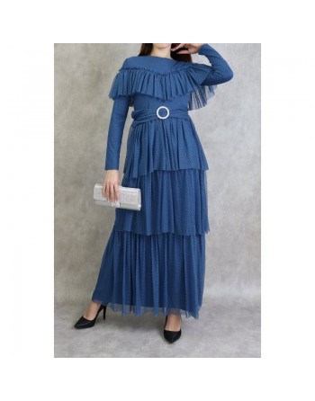 Robe de soirée en tulle chic à volants - Couleur Bleu acier 