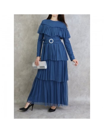 Robe de soirée en tulle chic à volants - Couleur Bleu acier 