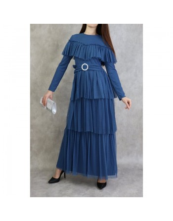 Robe de soirée en tulle chic à volants - Couleur Bleu acier 