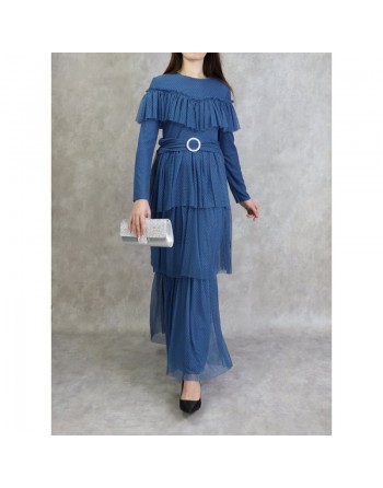 Robe de soirée en tulle chic à volants - Couleur Bleu acier 