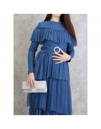 Robe de soirée en tulle chic à volants - Couleur Bleu acier 