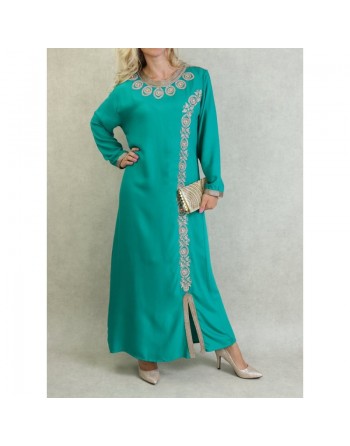 Robe orientale algérienne brodée et perlée pour femme - Couleur Vert émeraude 