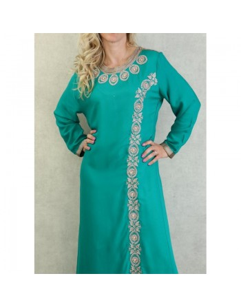 Robe orientale algérienne brodée et perlée pour femme - Couleur Vert émeraude 