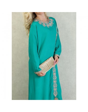 Robe orientale algérienne brodée et perlée pour femme - Couleur Vert émeraude 