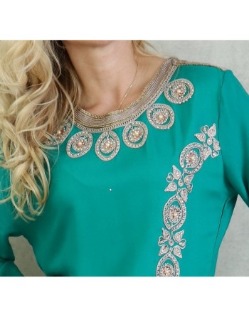 Robe orientale algérienne brodée et perlée pour femme - Couleur Vert émeraude 