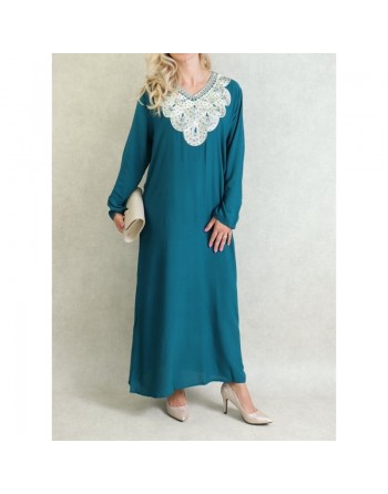 Robe orientale longue avec broderies - Manches longues - Couleur Vert Canard 