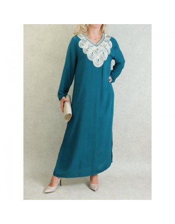 Robe orientale longue avec broderies - Manches longues - Couleur Vert Canard 