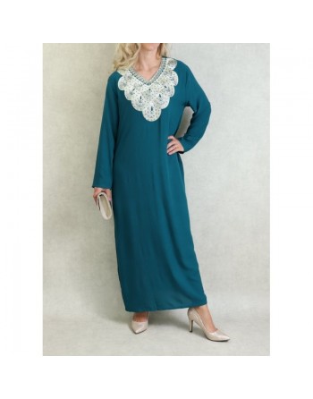 Robe orientale longue avec broderies - Manches longues - Couleur Vert Canard 