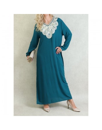 Robe orientale longue avec broderies - Manches longues - Couleur Vert Canard 