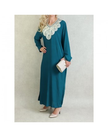 Robe orientale longue avec broderies - Manches longues - Couleur Vert Canard 