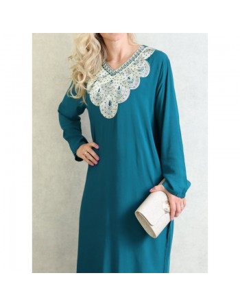 Robe orientale longue avec broderies - Manches longues - Couleur Vert Canard 