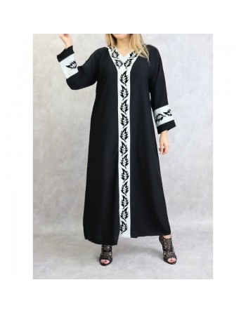 Abaya noire motifs blancs avec foulard (écharpe) assorti 
