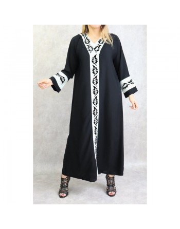 Abaya noire motifs blancs avec foulard (écharpe) assorti 