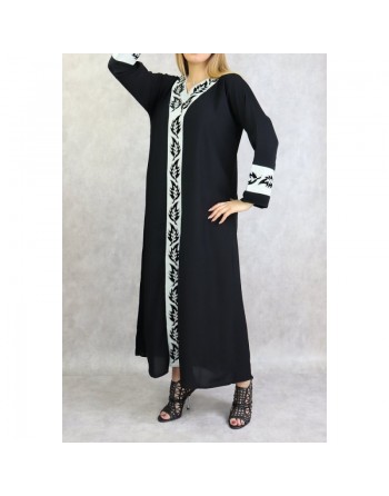 Abaya noire motifs blancs avec foulard (écharpe) assorti 